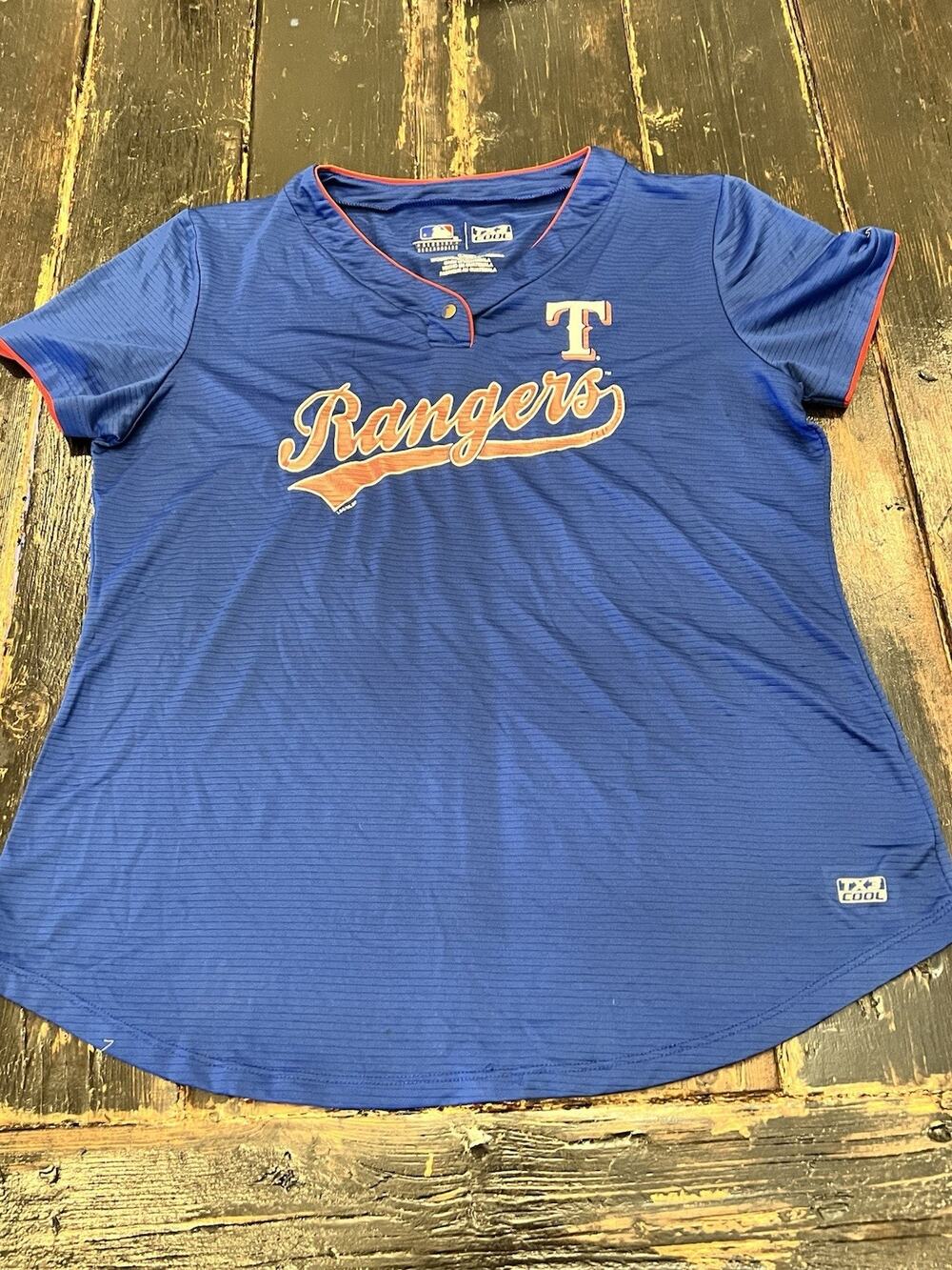 Texas Rangers TX3 Cool Blue MLB Women’s V-Neck Jersey Shirt Size Large